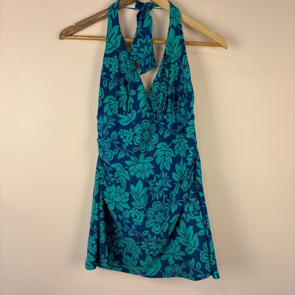 L.L. Bean Turquoise Navy Floral One Piece Swim Dress - Picture 1 of 5